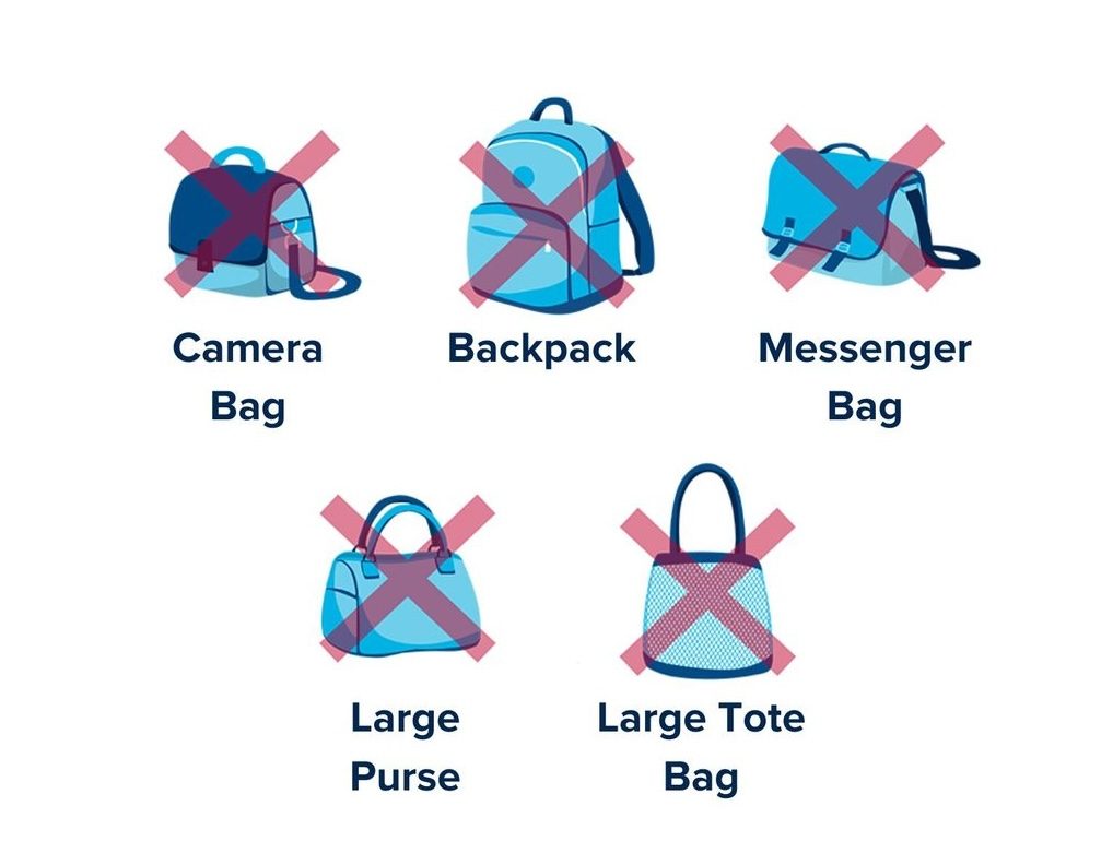 images of bags that are not allowed in the Mondavi Center. Camera bags, backpacks, messenger bags, large purses or tote bags