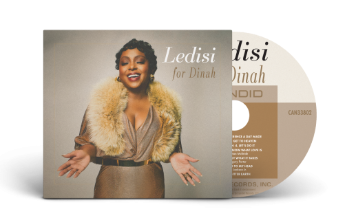 For Dinah album cover ledisi wears a gold dress and smiles. CD is seen coming out the side.